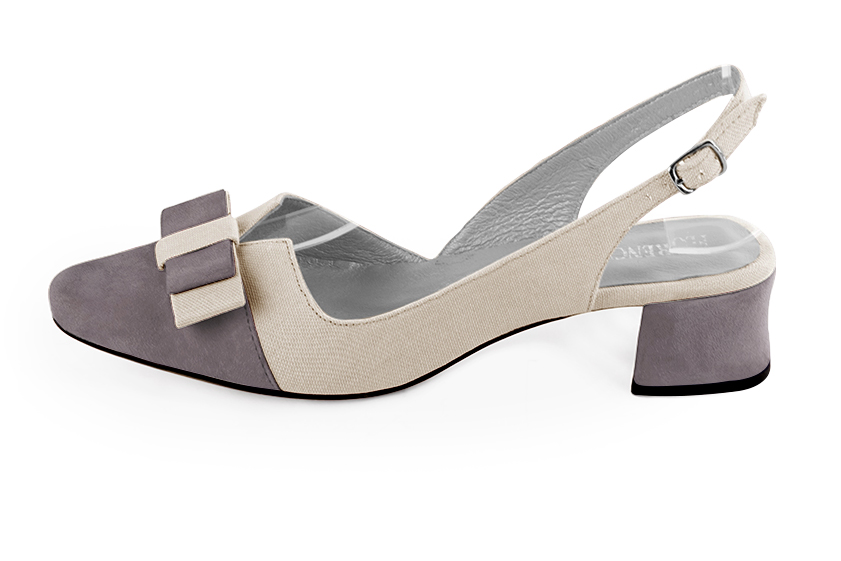 Pebble grey and light silver women's open back shoes, with a knot. Round toe. Low flare heels. Profile view - Florence KOOIJMAN